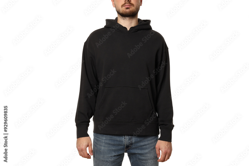 Fototapeta premium PNG,A guy in a black hooded sweatshirt, isolated on white background