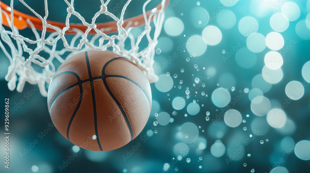 Basketball swishing through the net in a dynamic arena during a vibrant game night. Basketball swishing through the net in a dynamic arena during a vibrant game night.