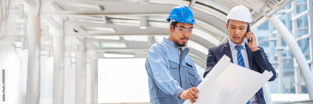 Banner Two engineer man look at blueprint architecture building contractor designer. Engineer holding project planing partner teamwork. Two Man meeting together construction site with copy space Banner Two engineer man look at blueprint architecture building contractor designer. Engineer holding project planing partner teamwork. Two Man meeting together construction site with copy space
