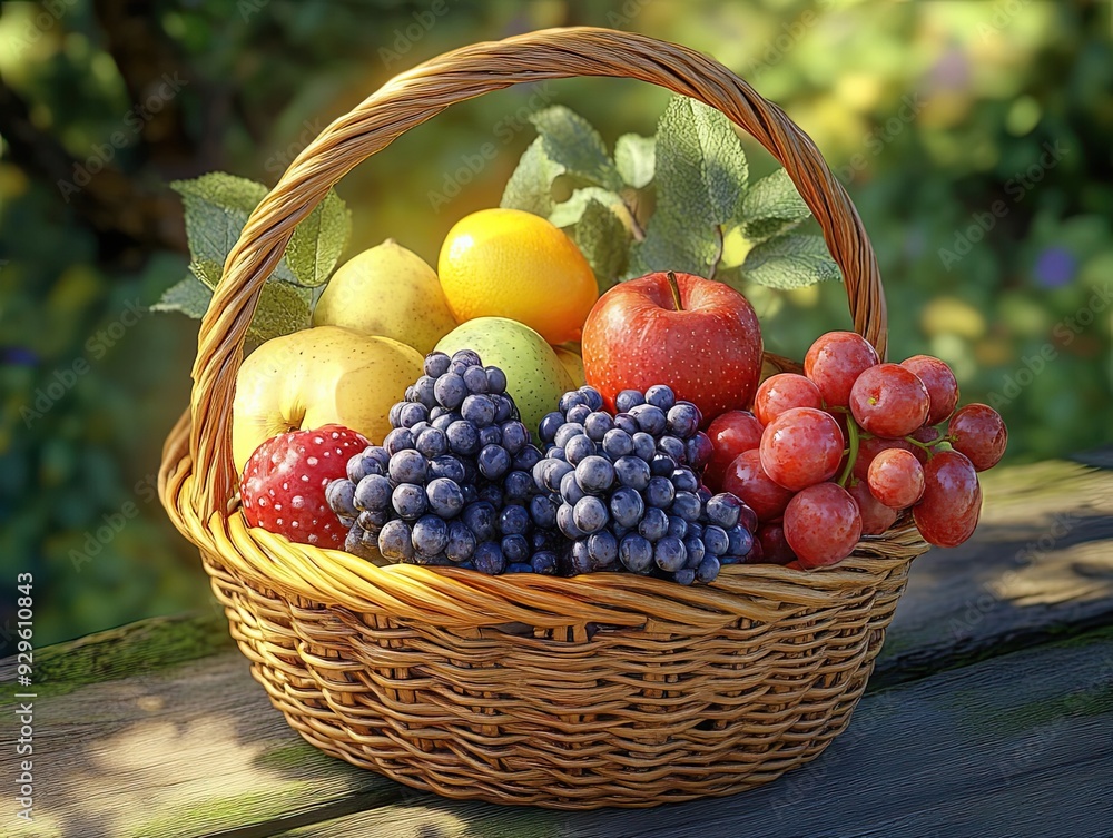 A wicker basket overflowing with fresh fruit, including apples, lemons, and grapes, sits on a weathered wooden surface. A wicker basket overflowing with fresh fruit, including apples, lemons, and grapes, sits on a weathered wooden surface.