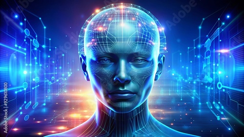 High-tech electronic human head symbolizing AI, biotechnology, innovation, and machine learning