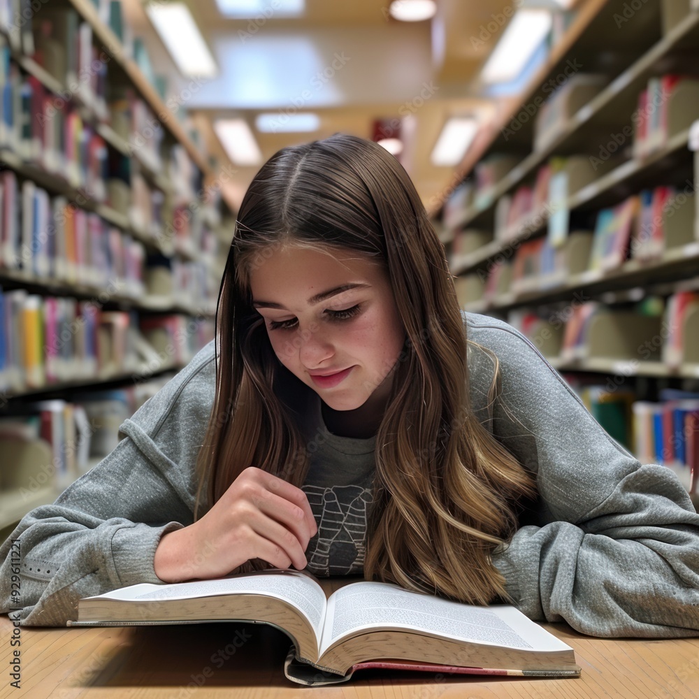 teen girl reading book in library teen girl reading book in library