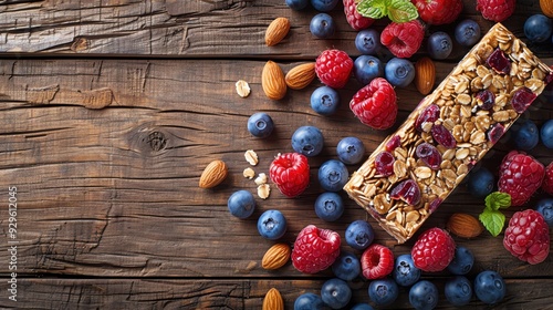 Protein bars and fruits on a wooden table with ample copy space photo