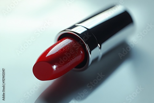 Illustrate a macro shot of a vibrant red lipstick  079 lipstick, red, beauty, isolated, cosmetics, makeup, make-up, cosmetic, white, color, object, fashion, glamour, black, closeup, tube, bottle, nobo photo