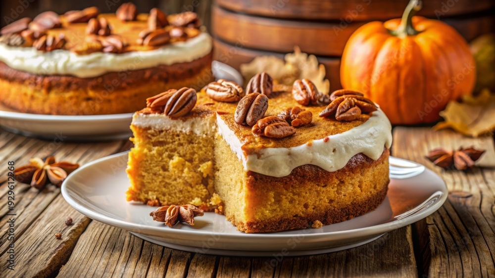 Warmly lit rustic kitchen features a scrumptious homemade pumpkin cake with creamy filling, topped with crunchy pecan nuts, beautifully presented on a white plate. Warmly lit rustic kitchen features a scrumptious homemade pumpkin cake with creamy filling, topped with crunchy pecan nuts, beautifully presented on a white plate.