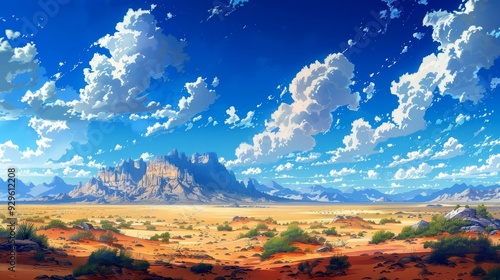 A Desert Landscape with Mountain Range in the Background Under a Blue Sky photo