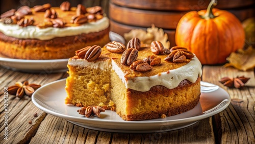 Wallpaper Mural Warmly lit rustic kitchen features a scrumptious homemade pumpkin cake with creamy filling, topped with crunchy pecan nuts, beautifully presented on a white plate. Torontodigital.ca