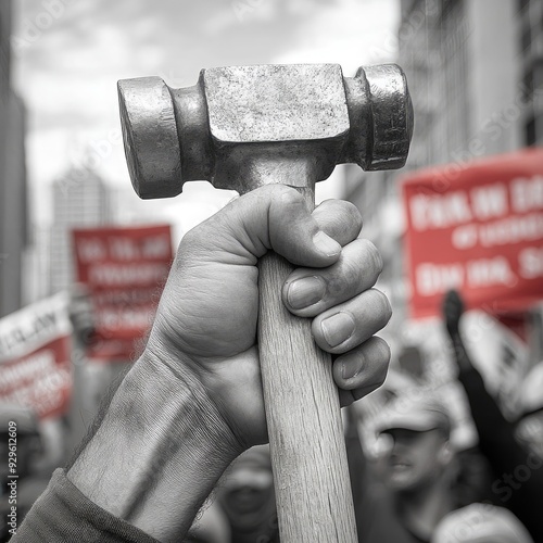 Close-up of a worker s hand holding a hammer, with a backdrop of protest signs, [Labor Day labor rights], [symbol of labor struggle and empowerment] photo