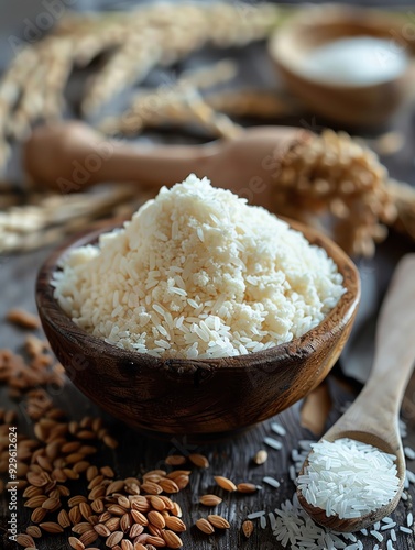 Rice protein powder with fresh grains on a wooden surface photo