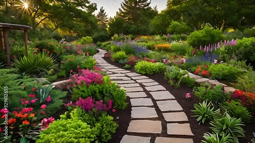 Garden trail animation. Winding paths through vibrant flowers and lush greenery creating a serene garden setting. Inviting design. photo