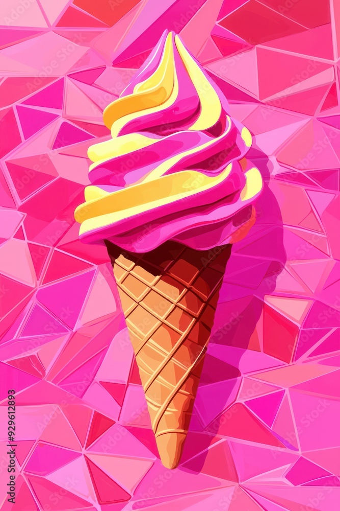 A vibrant ice cream cone with pink and yellow swirls against a geometric pink background. A vibrant ice cream cone with pink and yellow swirls against a geometric pink background.