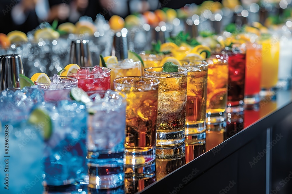 A vibrant display of various colorful cocktails on a bar counter. A vibrant display of various colorful cocktails on a bar counter.
