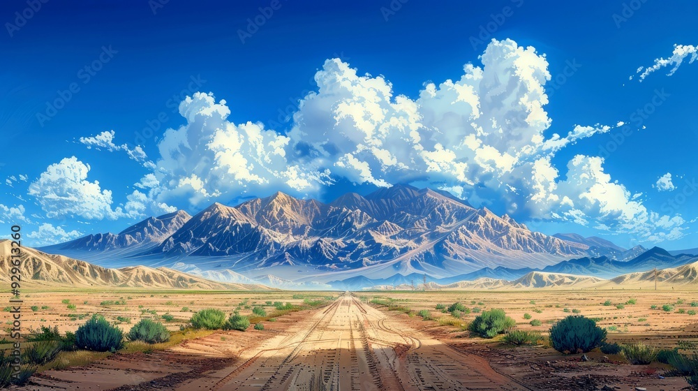 A winding dirt road leading towards a mountain range under a bright blue sky with fluffy white clouds. A winding dirt road leading towards a mountain range under a bright blue sky with fluffy white clouds.