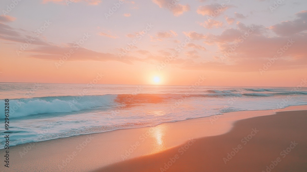 A serene beach at sunset with gentle waves lapping at the shore. A serene beach at sunset with gentle waves lapping at the shore.