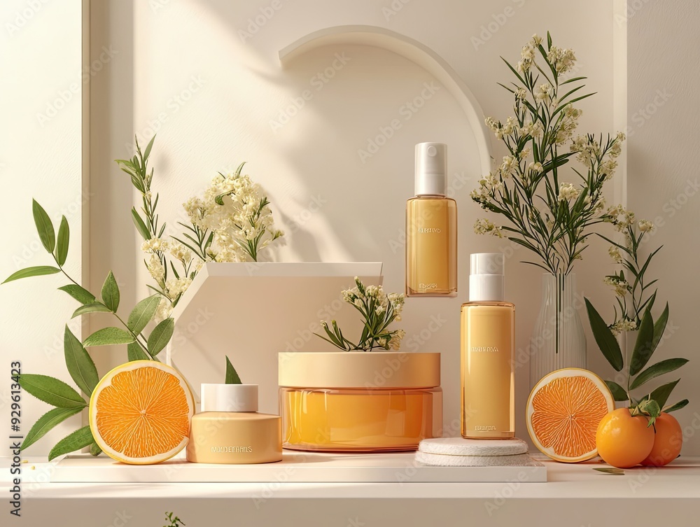 Skincare Products Displayed on a Shelf with Oranges and Flowers Skincare Products Displayed on a Shelf with Oranges and Flowers