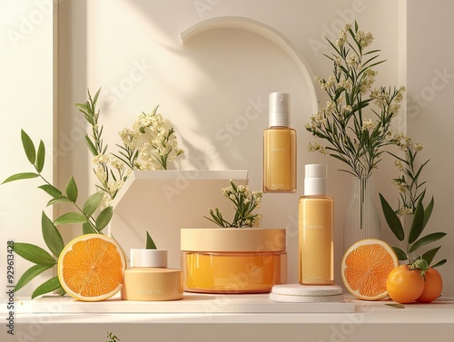 Skincare Products Displayed on a Shelf with Oranges and Flowers