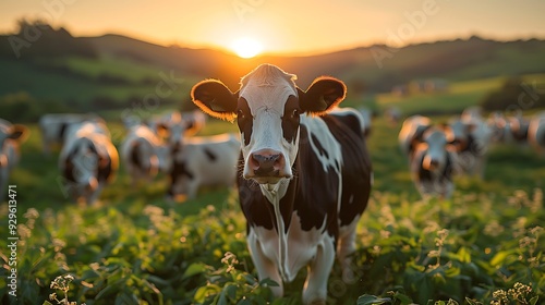 A Realistic Photo of a close up Picturesque dairy farm nestled amidst gently sloping hills, with a contented group of Guernsey cows leisurely feeding on the lush, emerald-hued pasture, bathed  photo