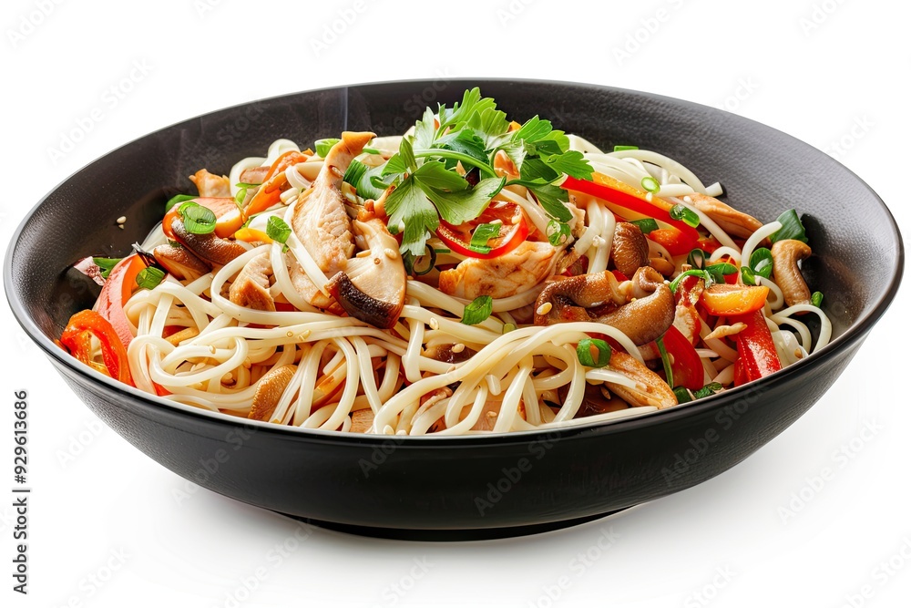 Rice noodles with chicken, mushrooms mun and vegetables, prepared in wook. Rice noodles with chicken, mushrooms mun and vegetables, prepared in wook.