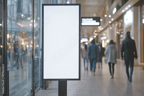 blank ad board stands in a busy shopping center or business mall, ready for customization or promotional content, surrounded by bustling shoppers and modern retail elements