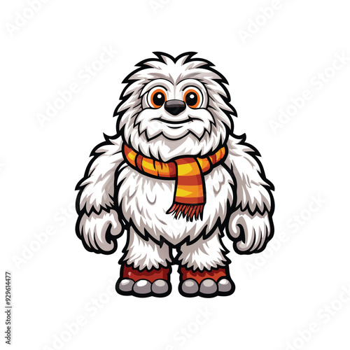 A friendly, cartoon yeti with large, furry paws wearing an orange and yellow scarf.