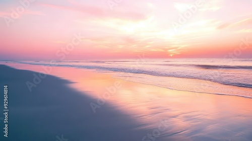 A serene beach at sunset, with gentle waves reflecting soft pink hues in the sky.