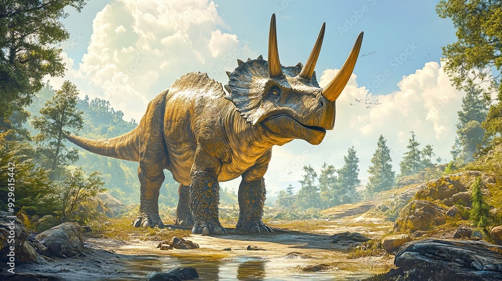 Fototapeta premium A Triceratops Dinosaur Stands on a Forest Path