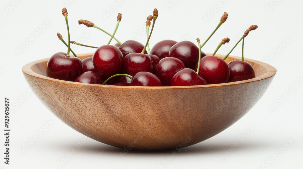 wooden bowl with red cherries