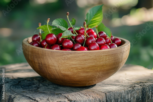 wooden bowl with red cherries