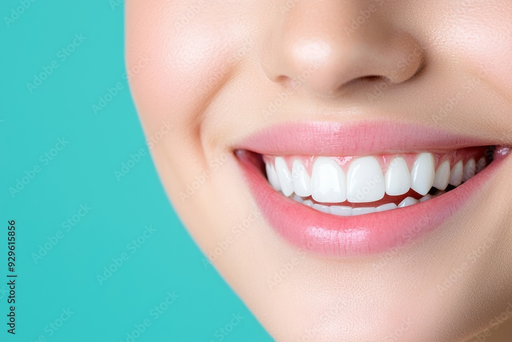 Bright, joyful smile of a young woman against a vibrant turquoise background Bright, joyful smile of a young woman against a vibrant turquoise background