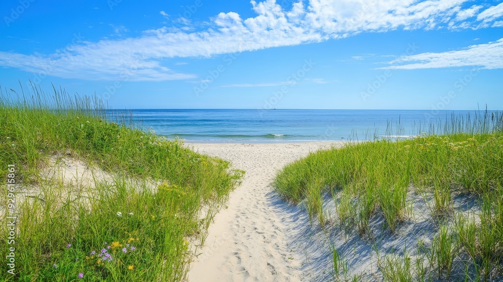 A serene beach path leading to calm waters under a clear blue sky. A serene beach path leading to calm waters under a clear blue sky.