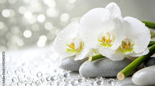 white orchid, smooth terrazzo, dew drops glistening in the light, creating a fresh, calm and elegant atmosphere. Blurred background