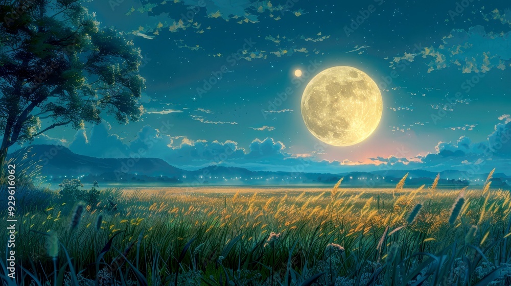 Fototapeta premium Full Moon Over Grassland and Distant Mountains