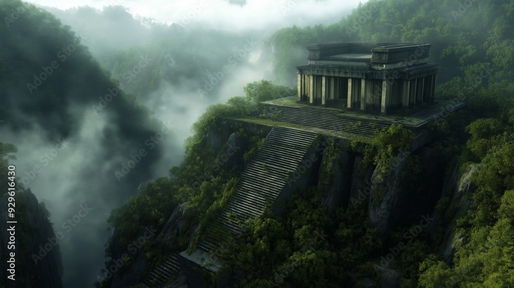 Ancient temple shrouded in mist atop a lush mountain, with monumental ...