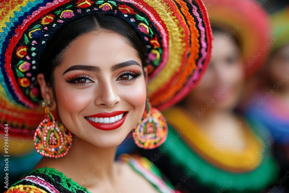 Vibrant Mexican dancer smiles with traditional attire at a festive celebration Vibrant Mexican dancer smiles with traditional attire at a festive celebration