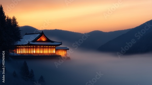 Illuminated Asian-style building perched above misty mountains at sunset, creating a serene and mystical atmosphere