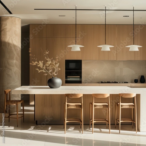 Modern minimalist kitchen with island: sleek design includes dining table and chairs, creating a stylish and efficient home environment.