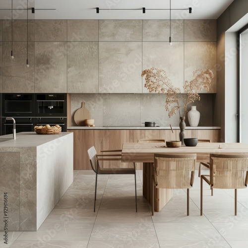 Contemporary kitchen with minimalist design: island, dining table, and chairs enhance the modern interior for a functional living space. photo