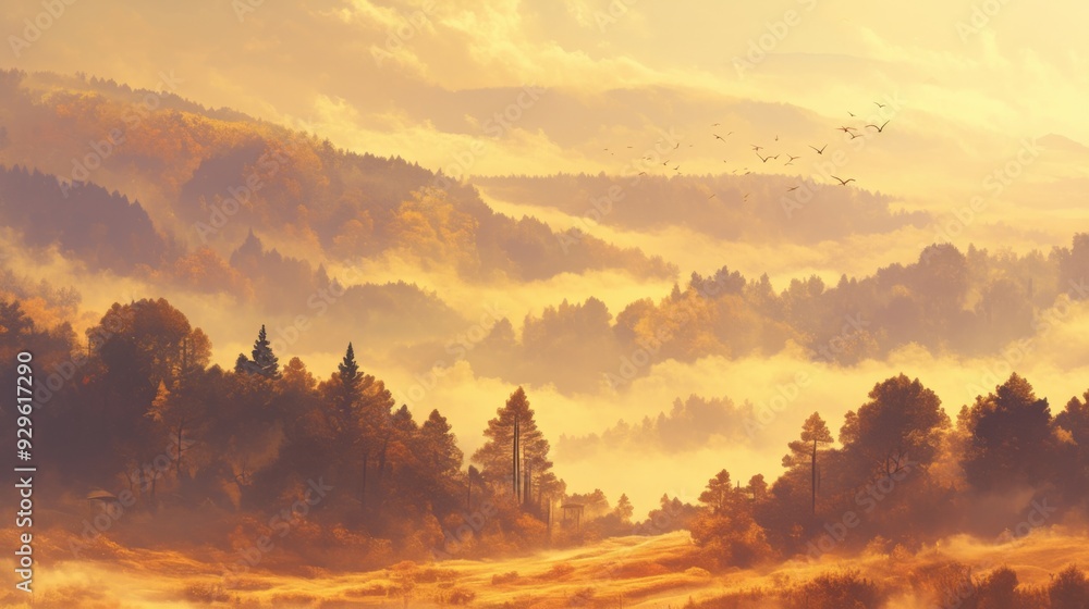 Beautiful Foggy Autumn Morning Over Hills with Misty Landscape Beautiful Foggy Autumn Morning Over Hills with Misty Landscape