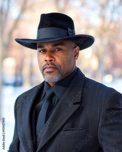 A confident man in a stylish black hat and suit, posing outdoors in a wintery setting, exuding charm and elegance.