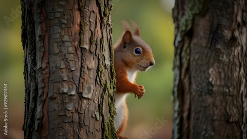 Curious red squirrel peeking behind the tree trunk Generative AI