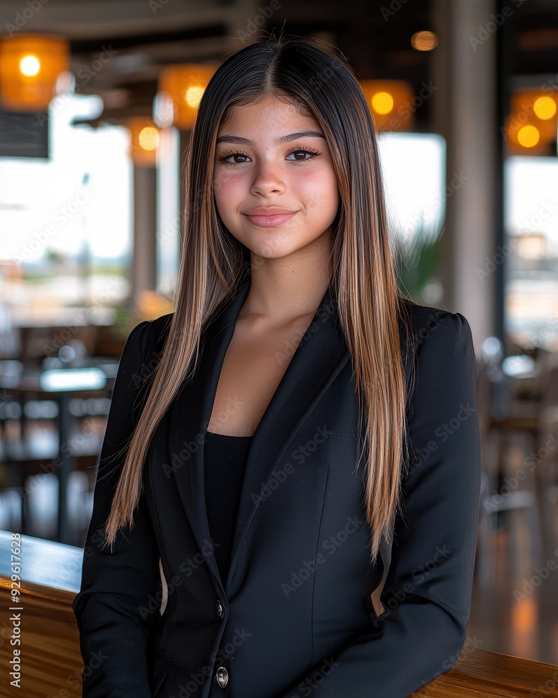 A confident young woman in a stylish black blazer smiles in a modern restaurant setting, conveying professionalism and elegance. A confident young woman in a stylish black blazer smiles in a modern restaurant setting, conveying professionalism and elegance.