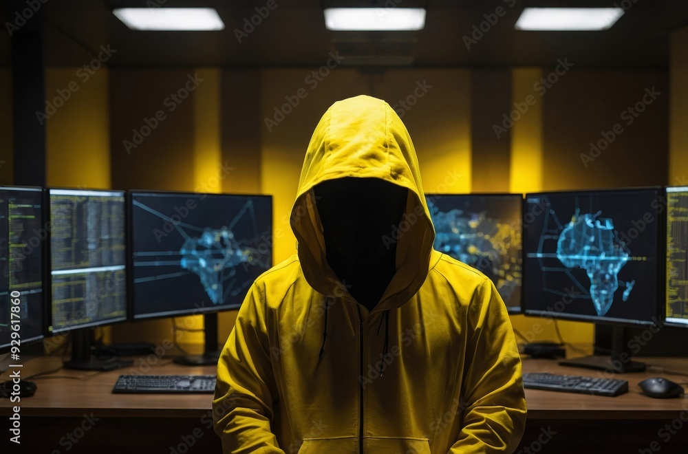 Person in yellow hoodie in darkened room with monitors displaying data