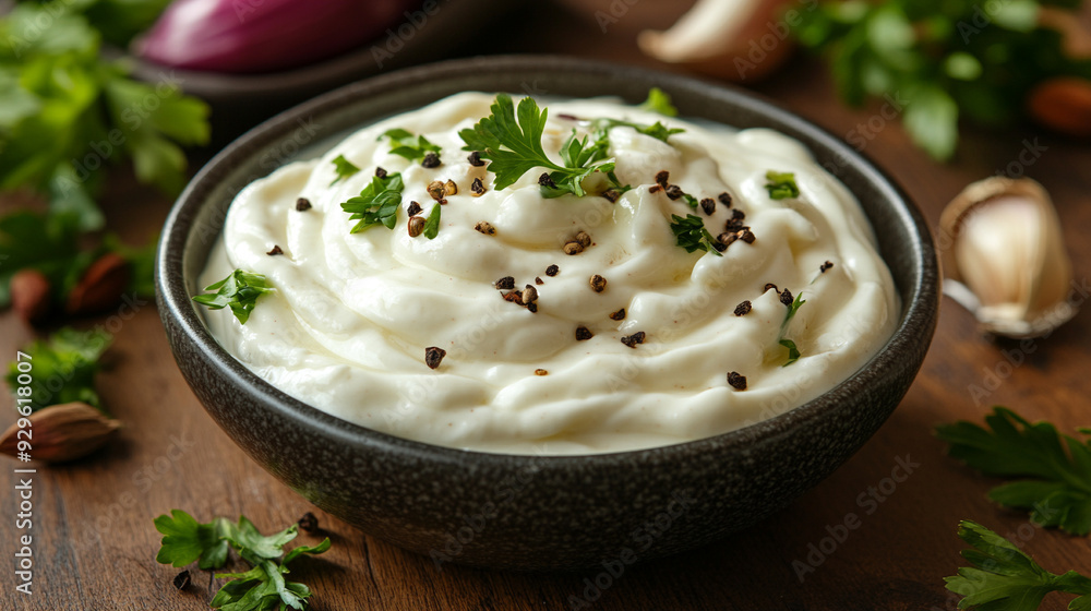 bowl filled with creamy white-yellow sauce, likely mayo or mustard. The bowl sits on a rustic wooden table, evoking a sense of simplicity and culinary tradition bowl filled with creamy white-yellow sauce, likely mayo or mustard. The bowl sits on a rustic wooden table, evoking a sense of simplicity and culinary tradition
