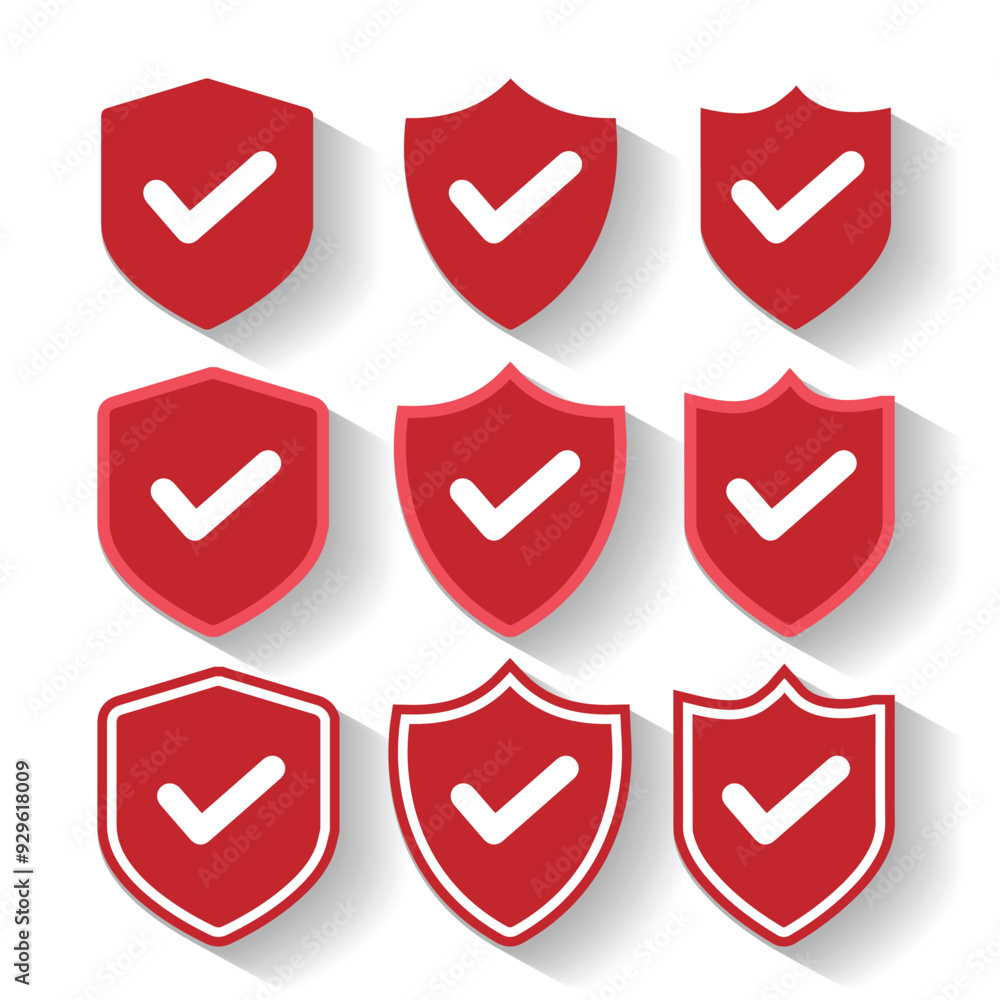 Set Red Shield icon. Shield with a checkmark in the middle Protection icon concept Set Red Shield icon. Shield with a checkmark in the middle Protection icon concept