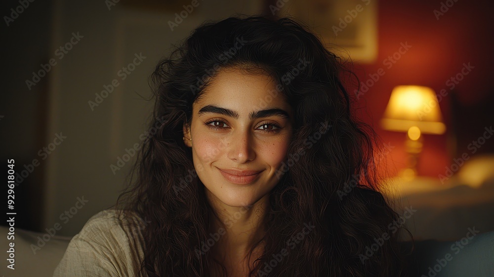 A joyful woman with curly hair smiles warmly, illuminated by soft lighting in a cozy room, evoking comfort and happiness. A joyful woman with curly hair smiles warmly, illuminated by soft lighting in a cozy room, evoking comfort and happiness.