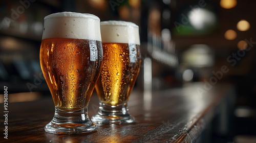 Two freshly poured glasses of light beer with frothy foam sit on a wooden surface, illuminated by warm lighting. The condensation on the glasses enhances the refreshing and inviting atmosphere