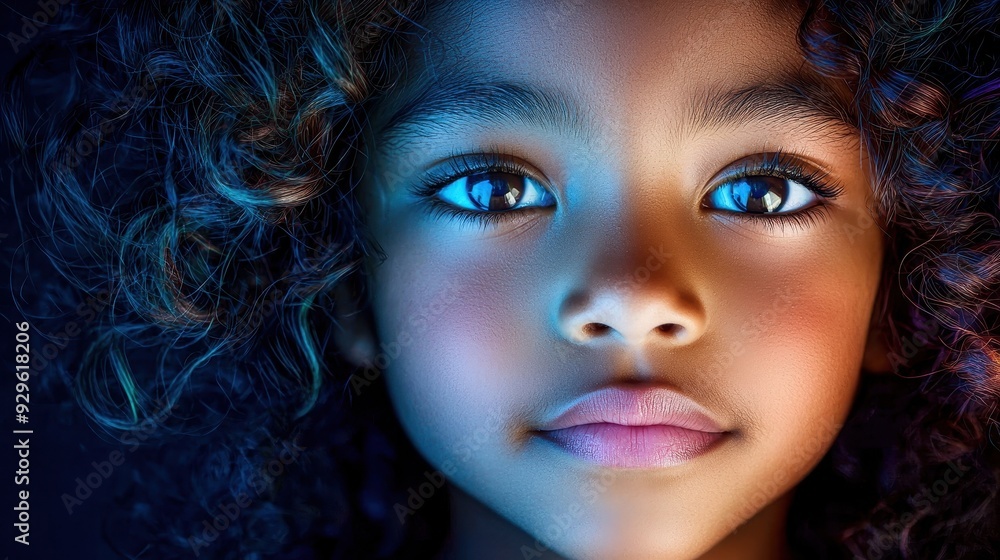 A portrait of a young child with curly hair and captivating eyes, showcasing a blend of light and emotion. A portrait of a young child with curly hair and captivating eyes, showcasing a blend of light and emotion.