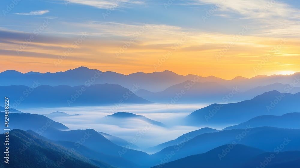 Obraz premium Expansive mountain vista with layers of fog rolling through valleys under a golden sunrise