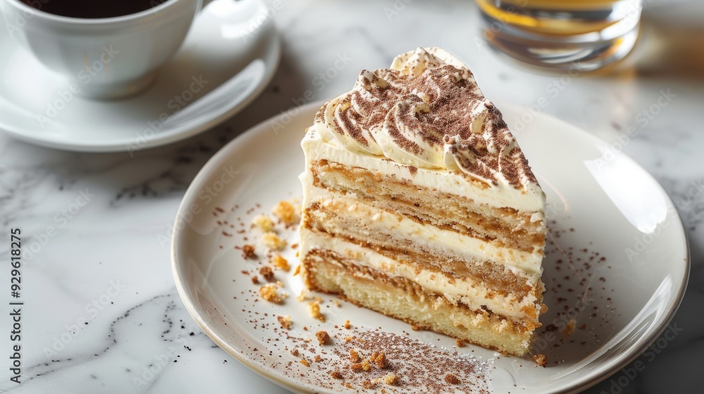 Esterhazy Cake Slice with Coffee on Marble Background Esterhazy Cake Slice with Coffee on Marble Background