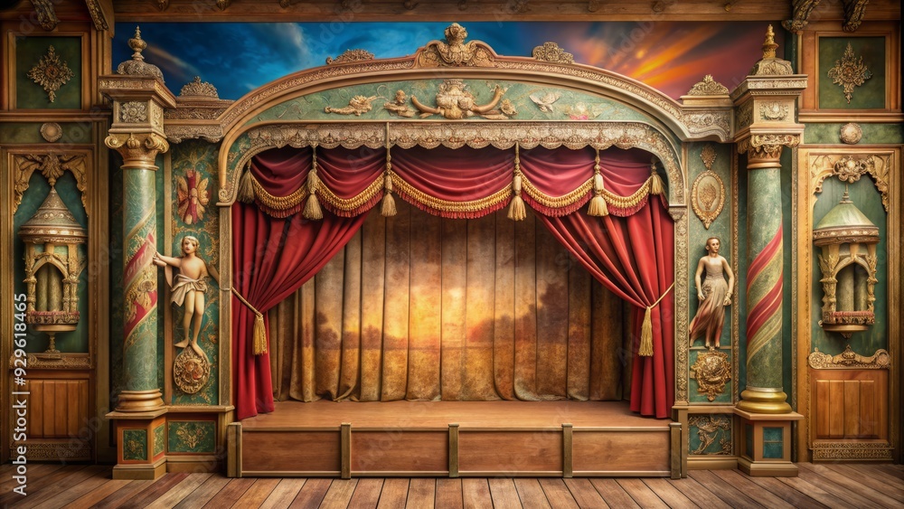 Fototapeta premium Vintage-style wooden puppet theater with intricately carved stage, ornate curtains, and hand-painted backdrop, awaiting the strings of a master puppeteer's artistry.